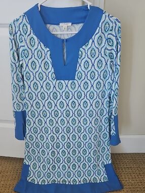 Cabana Life Blue and Aqua Geometric Long-Sleeve Dress